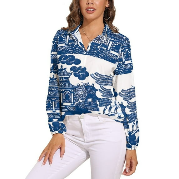 Blue Willow Chinoiserie Blue And White Porcelain Inspiration Long Sleeve Blouse Woman Streetwear Casual Shirts Summer Oversize Woman Streetwear Clothing Birthday Present