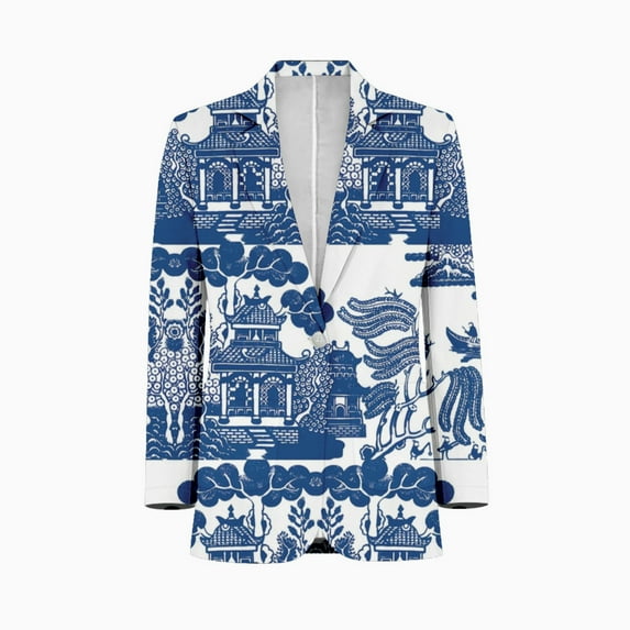 Blue Willow Chinoiserie Blue And White Porcelain Inspiration Mens Suits Shawl Collar Slim Fit Suit Mens Groom Jacket Tuxedos for Wedding Dress Evening