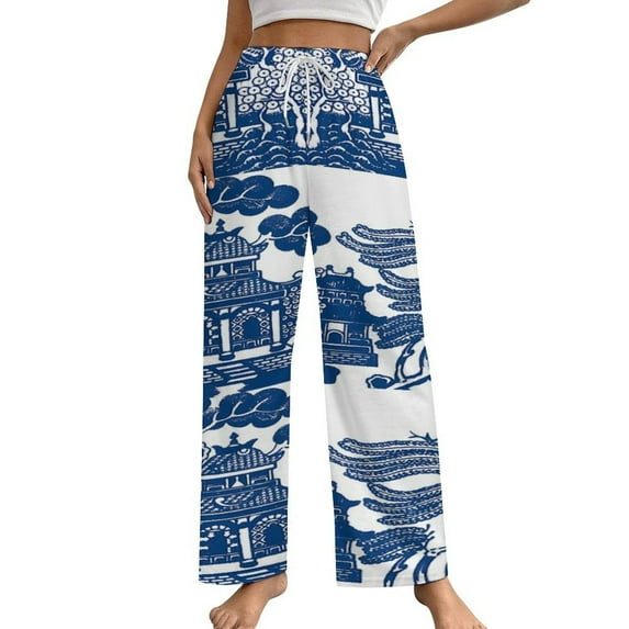 Blue Willow Chinoiserie Blue And White Porcelain Inspiration. Pajama Pants Breathable with Pockets Pajamas For Lady Vintage Sleeping Pants Bedroom Homewear