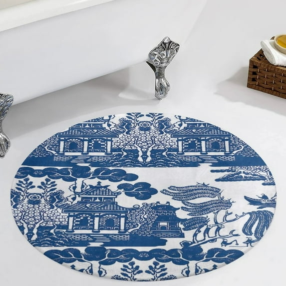 Blue Willow Chinoiserie Blue And White Porcelain Inspiration Round Carpet Circle Rug Outdoor Patio Area Rug Washable Large Area Rugs Hallway Room Decor Fitness Mats