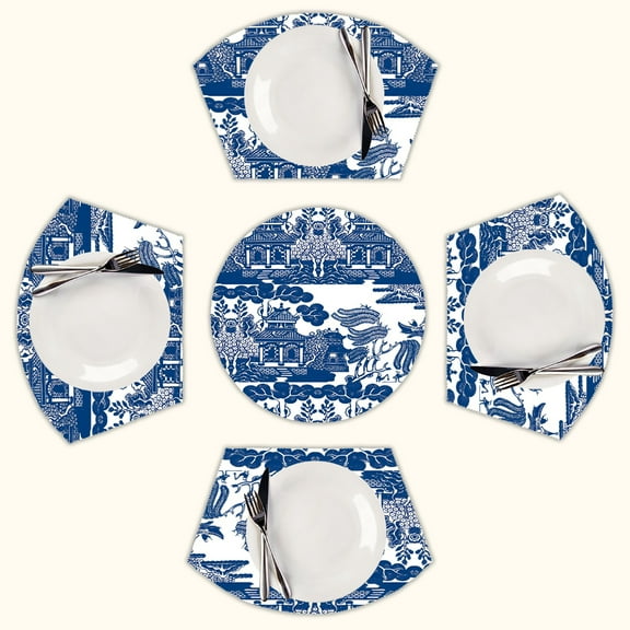 Blue Willow Chinoiserie Blue And White Porcelain Inspiration Round Table Placemats Set Of 5 Wedge Table Mats Washable Heat Resistant Place Mat For Dining Table Kitchen Farmhouse Restaurant