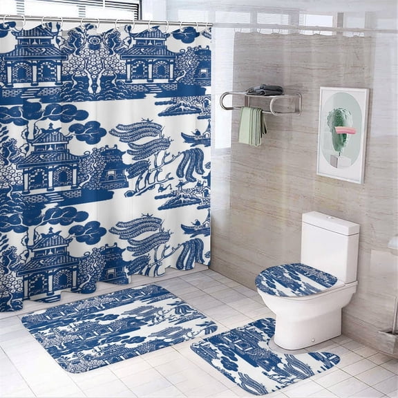 Blue Willow Chinoiserie Blue And White Porcelain Inspiration. Shower Curtain Set Modern Bathroom Decor Mats 4pcs Fabric Bathroom Curtain Slip Floor Rug Toilet Lid
