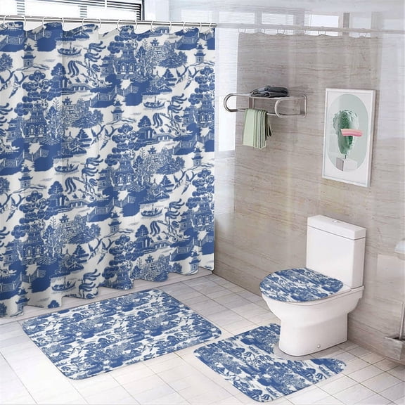 Blue Willow Chinoiserie Blue And White Porcelain Inspiration Shower Curtain Set Modern Bathroom Decor Mats 4pcs Fabric Bathroom Curtain Slip Floor Rug Toilet Lid
