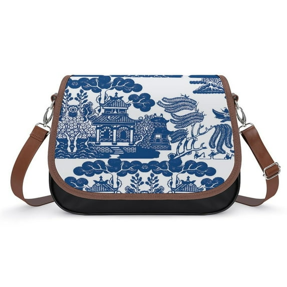 Blue Willow Chinoiserie Blue And White Porcelain Inspiration Vintage Crossbody Bag for Women Medium Leather Hobo Bags Shoulder Bag Classic City Leather Satchels