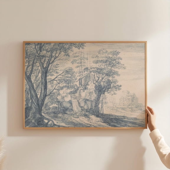 Blue Willow Chinoiserie Landscape Poster, Unframed Size 24x36