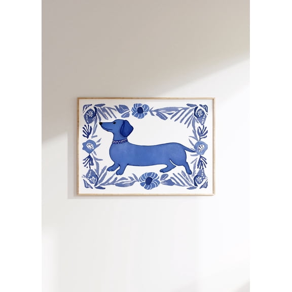 Blue Willow Dachshund Coastal Dog Portrait Delft Blue Wall Decoration, Unframed Poster