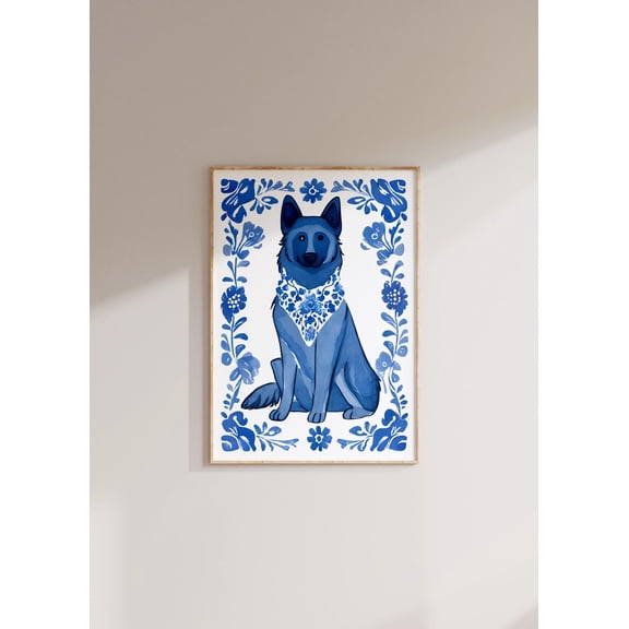 Blue Willow German Shepherd Dog Wall Art Print, Coastal Portrait Decor