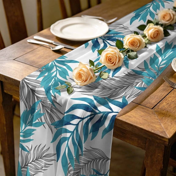Blue Willow Leaf 10 ft Cheesecloth Table Runner for Wedding 27"x120", Abstract Art Leaves Botanical Lines Farmhouse Kitchen Dinner Sheer Tulle Chiffon Dresser Scarf, Holiday Party Decorations