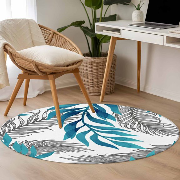 Blue Willow Leaf 3.3ft Round Rug for Bedroom Reading Corner, Abstract Art Leaves Botanical Lines Farmhouse Washable Non Slip Circle Area Rug