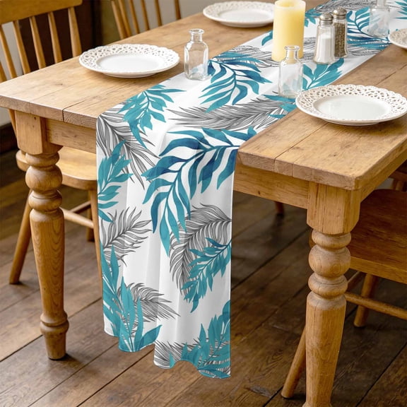 Blue Willow Leaf 4.5ft Cheesecloth Table Runner for Wedding 19"x55", Abstract Art Leaves Botanical Lines Farmhouse Kitchen Dinner Sheer Tulle Chiffon Dresser Scarf, Holiday Party Decorations