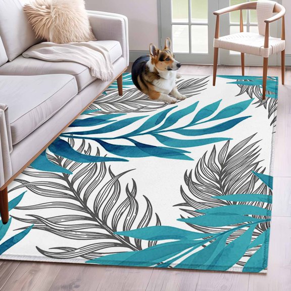 Blue Willow Leaf Area Rugs 4x6 ft Abstract Art Leaves Botanical Lines Farmhouse Washable Rug Non Slip Indoor Carpet Absorbent Floor Mat for Living Room Bedroom Dining Room