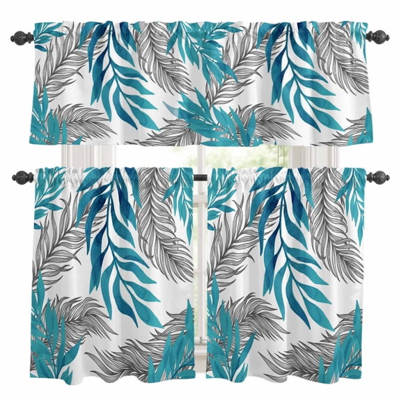 Blue Willow Leaf Kitchen Curtains and Valances Set, Abstract Art Leaves Botanical Lines Farmhouse Rod Pocket Window Valance Window Curtain Panels for Living Room Bedroom Laundry, 27.5x24in, 3 Pieces