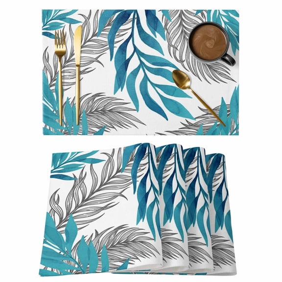 Blue Willow Leaf Placemats Set of 4 Abstract Art Leaves Botanical Lines Farmhouse Heat Insulation Washable Place Mats, Rustic Non-Slip Table Mats for Dining Table Party Kitchen Decor,13x19 Inch