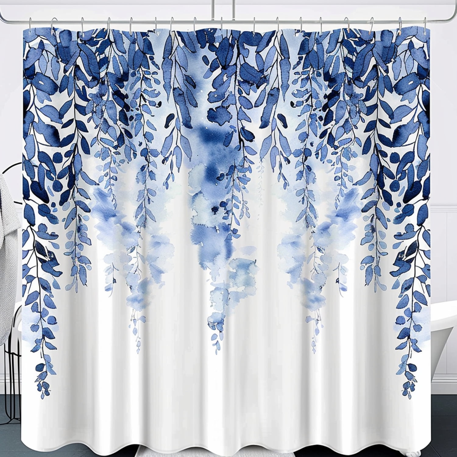 Blue Willow Leaves Boho Style Shower Curtain with Wisteria Theme Design
