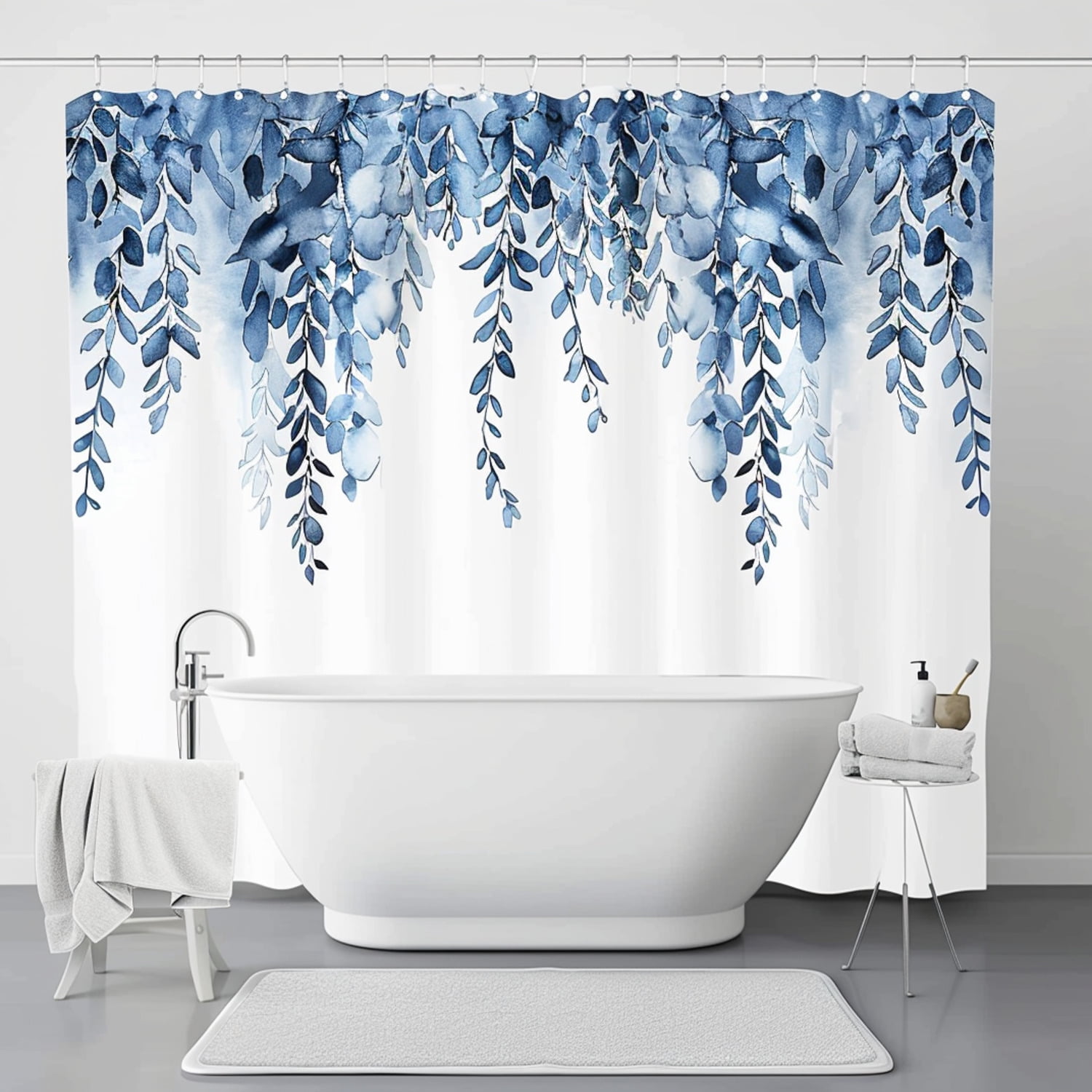 Blue Willow Leaves Watercolor Shower Curtain Boho Style Bathroom Decor