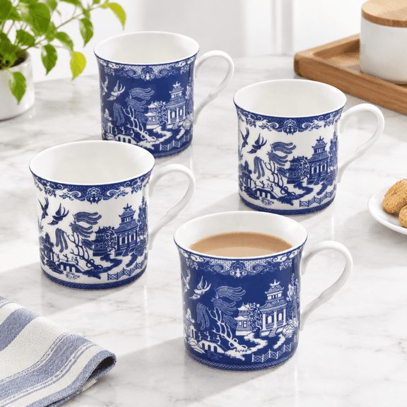 Blue Willow Pattern Coffee Mugs, Set of 4, 10-Ounce Assorted Designs