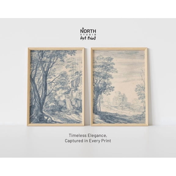 Blue Willow Poster Vintage Landscape Classic Chinoiserie Decor Elegant Botanical Home Decor Office Wall Art Set 2