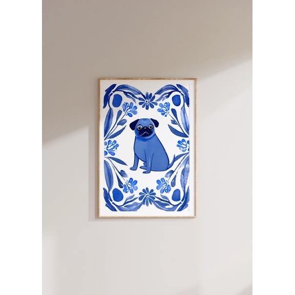 Blue Willow Pug Delft Blue Dog Portrait Home Wall Decoration, Unframed Poster