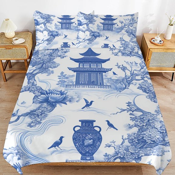 Blue Willow Seamless Pattern Bedding Set Couple Bedclothes Pillowcase Home Textiles Bed 3pcs Set for Bedroom Customized Decoration King