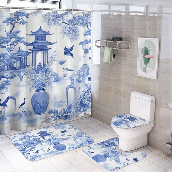 Blue Willow Seamless Pattern Shower Curtain Waterproof Bathroom Curtain ...