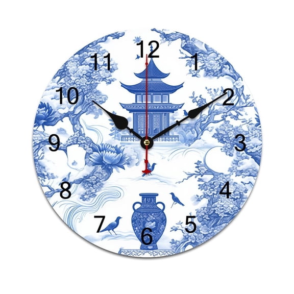 Blue Willow Seamless Pattern Time Decorative Wall Clocks Round Large Wall Watch Bedroom Home Decor 10in