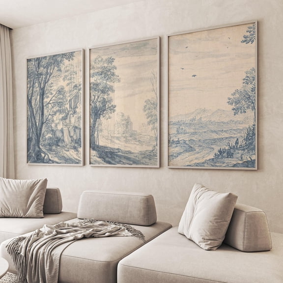 Blue Willow Wall Art Vintage Landscape Classic Chinoiserie Decor Elegant Botanical Set 3 Stretched Canvas 16x24