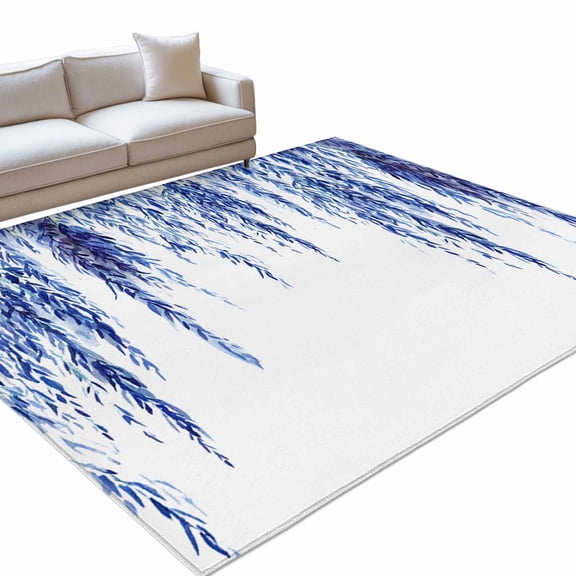 Blue Willows 6x9ft Non Slip Area Rug Watercolor Spring Falling Blue Willows Leaf Plant Washable Soft Area Rugs for Living Room, Indoor Circle Carpet for Bedroom Dining Room Kitchen