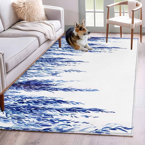 Blue Willows Area Rugs 4x6 ft Watercolor Spring Falling Blue Willows Leaf Plant Washable Rug Non Slip Indoor Carpet Absorbent Floor Mat for Living Room Bedroom Dining Room