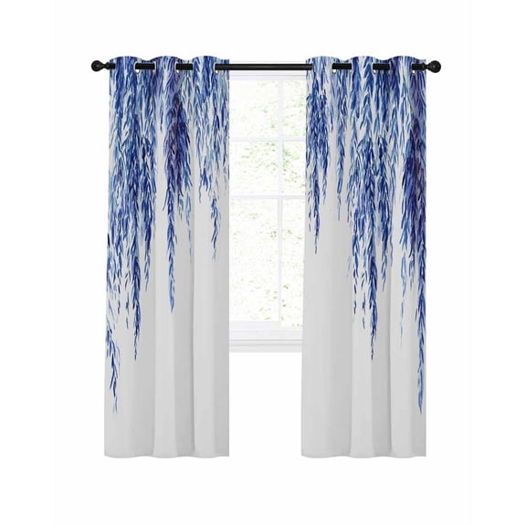 Blue Willows Blackout Curtains 45 Inch Length Watercolor Spring Falling Blue Willows Leaf Plant Thermal Insulated Window Curtain Window Drapes 2 Panels for Bedroom Living Room 52"Wx45"L