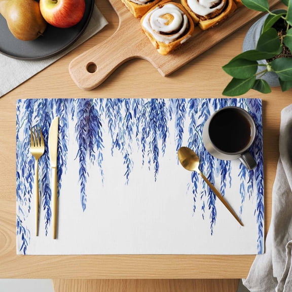 Blue Willows Placemats Set of 2, Watercolor Spring Falling Blue Willows Leaf Plant Heat Insulated Linen Place Mats, Washable Stain-Proof Table Mats for Dining Tables Holiday Decor 13x19 Inches