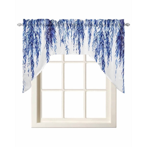 Blue Willows Swag Valance for Window, Watercolor Spring Falling Blue Willows Leaf Plant Light Filtering Swag Curtain Rod Pocket Kitchen Curtain Valance for Bedroom