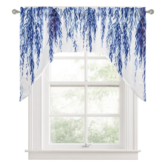 Blue Willows Swag Valance for Windows, Watercolor Spring Falling Blue Willows Leaf Plant Swag Curtains Valances for Small Window Treatment Rod Pocket for Kitchen Bathroom 1 Panel 56x36in