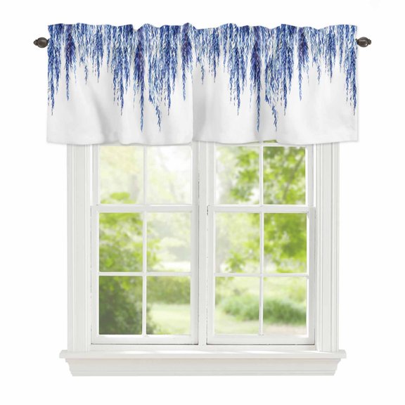Blue Willows Window Valance for Kitchen, Watercolor Spring Falling Blue Willows Leaf Plant Rod Pocket Short Curtain for Small Windows, Light Filtering Decorative Valance, 60 x 18 Inch