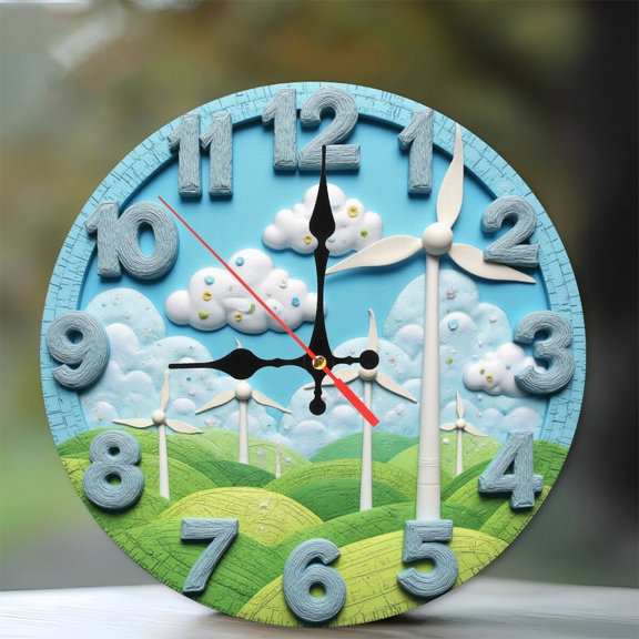 Blue Windmill Wall Clock Cartoon Farmland Decor 10-Inch Silent Wooden Wall Clock, Battery Operated (AA Batteries Not Included), Artistic Home Decor