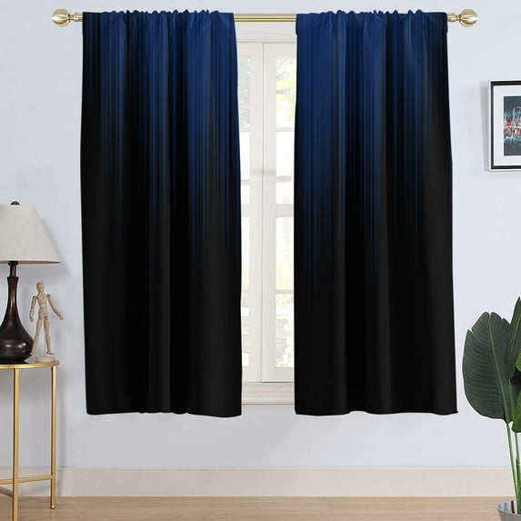 Blue Window Curtain Black Ombre Navy Gothic Goth Dark Modern Mens Boys Masculine Abstract Cool Living Room Bedroom Rod Pocket Drapes Treatment Fabric 1 Pair Home Decor, 42" W x 63" L, Gradient