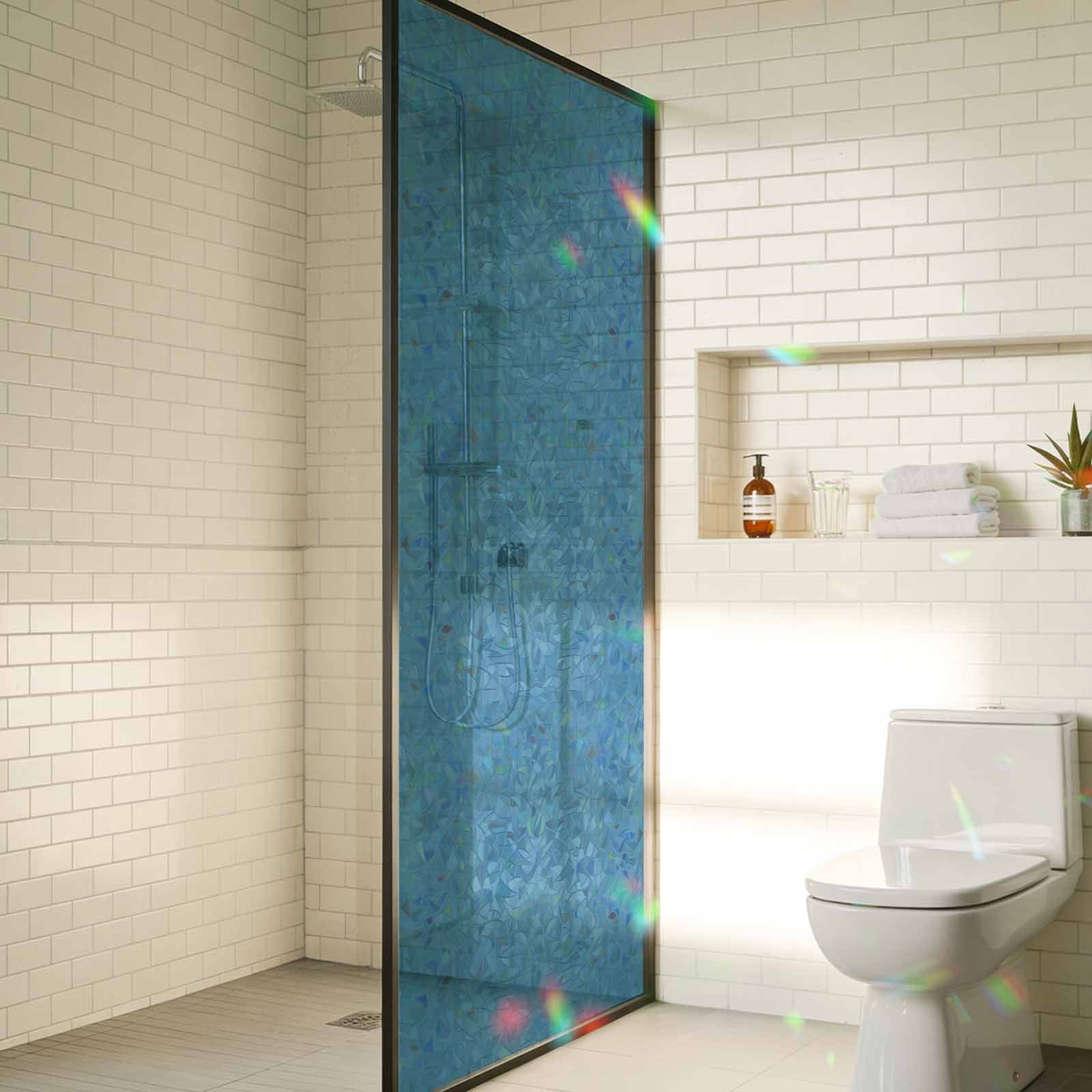 Blue Window Privacy Film Rainbow Static Cling Stain Glass Window Film for Glass Door, Decorative Heat Control UV Blocking Sunroof Decal Sticker for Car Bathroom Home 29.5"x118" Modern Pure Wave Ride