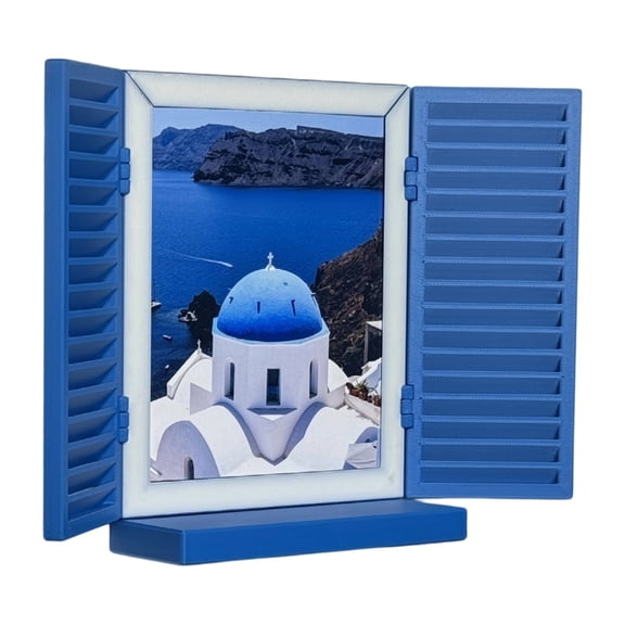 Blue Window Style Photo Frame Shelf for Entryway Wall Accent, Travel Picture Display with Double Shutters and Integrated Lower Shelf