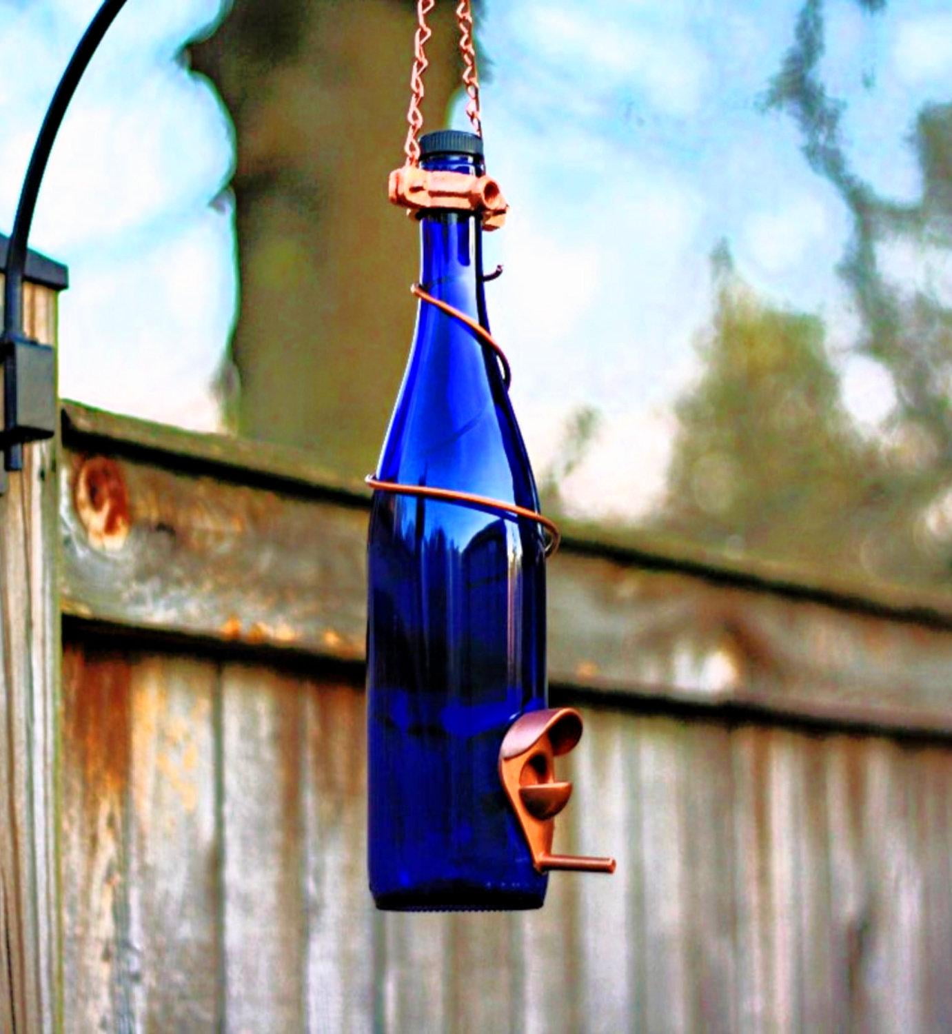 Blue Wine Bottle Bird Feeder with Copper Trim
