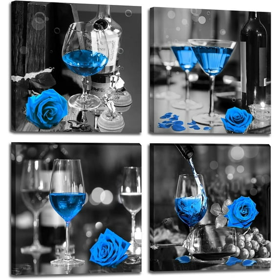 Blue Wine Rose Canvas Prints Wall Art for Kitchen Dining Room Wall Decor Black and White Pictures for Living Room Artwork Paintings 13.5"x13.5"x4 Panels