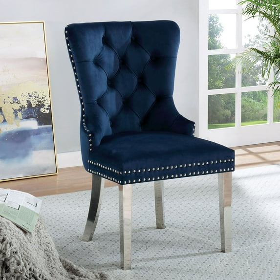 Blue Wingback Dining Chairs (Set of 2) - Flannelette Upholstery, Button-Tufted, Chrome Legs, Contemporary Style, Ideal for Dining Room, 23"W x 38"H.