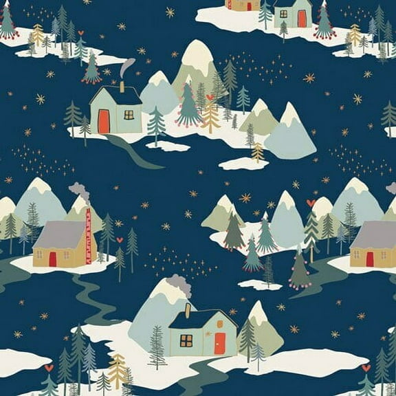 "Blue Winter Cabins, AGF Winter Wonderland Cozy & Joyful cotton fabric, Sold By The Quarter Yard"