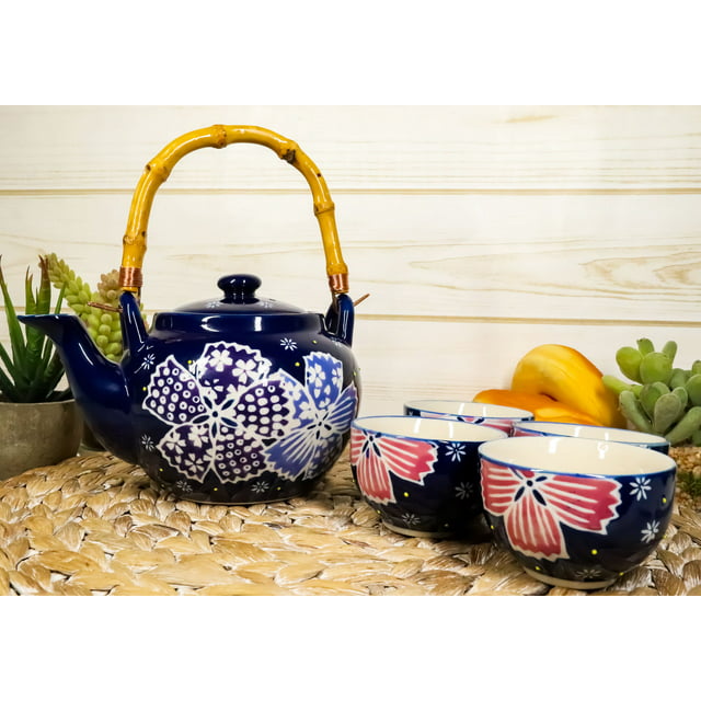 Blue Winter Frost Colorful Large Floral Blooms 25oz Tea Pot With 4 Cups Set