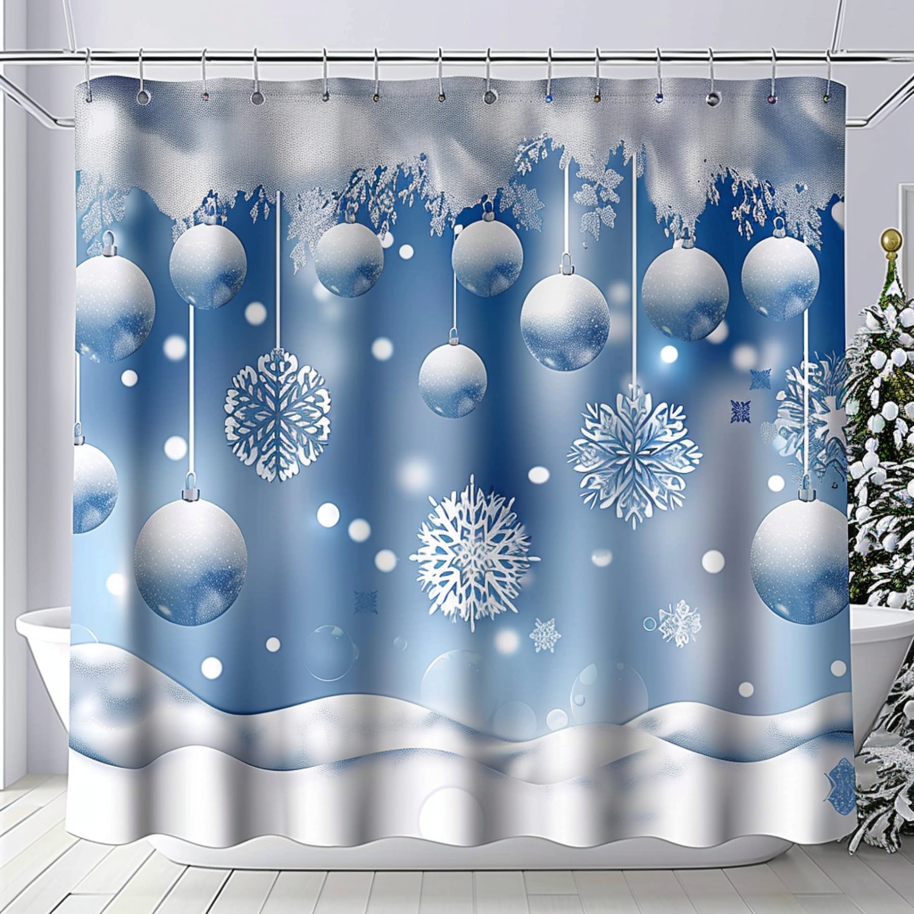 Blue Winter Landscape Snowflake Shower Curtain for New Year's Day