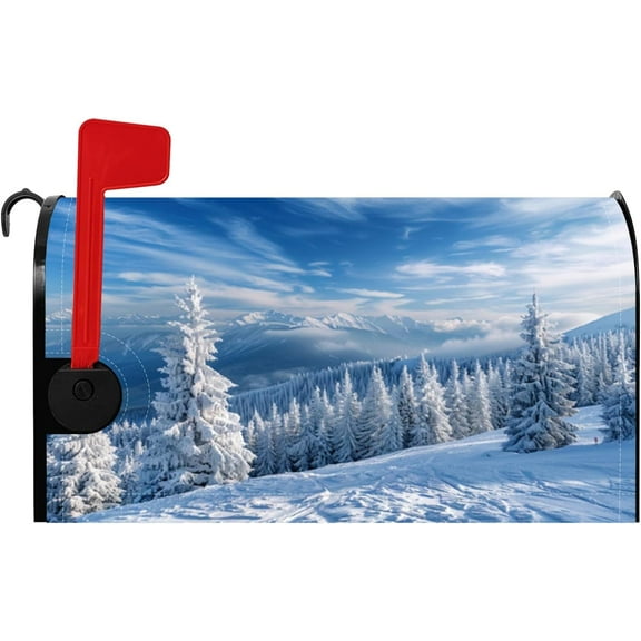 Blue Winter Mailbox Cover Blue Sky White Clouds Snow Forest Xmas Magnetic Mailbox Covers Christmas Decorative Mail Box Wraps Post Letter Cover for Farmhosue Garden Standard Size 21x25.5