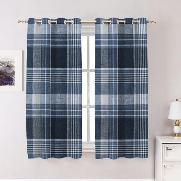 Blue Winter Plaid Bedroom Curtains,Natural Blackout Grommet Window Treatment Drapes For Living Room 38"W x 45"L (Pack of 2)