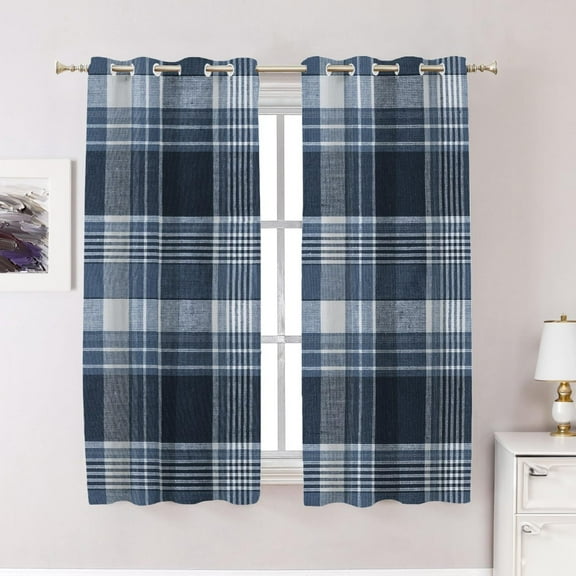 Blue Winter Plaid Bedroom Curtains,Natural Blackout Grommet Window Treatment Drapes For Living Room 42"W x 63"L (Pack of 2)