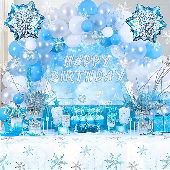 Blue Winter Snowflake Birthday Background Cloth for Party Photo Backdrop Vinyl Banner with Grommet Holes and Ribbon Hanging Kit for Kids Celebration Dessert Table Wall Decor Indoor Outdoor Event