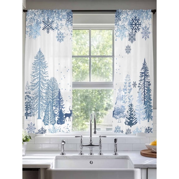 Blue Winter Theme Sheer Curtains 2 Panels Set, 52" W x 72" L Snowflakes Trees Snow Christmas Light Filtering Rod Pocket Voile Drapes, Window Sheer Curtains for Living Room/Bedroom