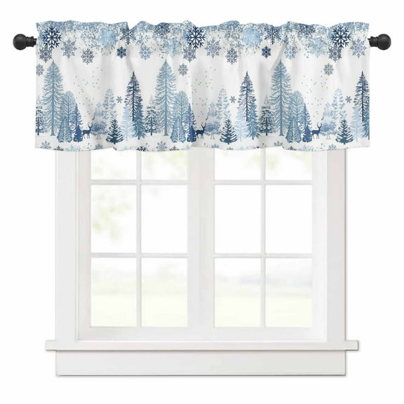 Blue Winter Theme Valances for Windows Snowflakes Trees Snow Christmas Rod Pocket Curtain Valance Window Treatment Short Curtains for Kitchen Living Room, 54"x18"
