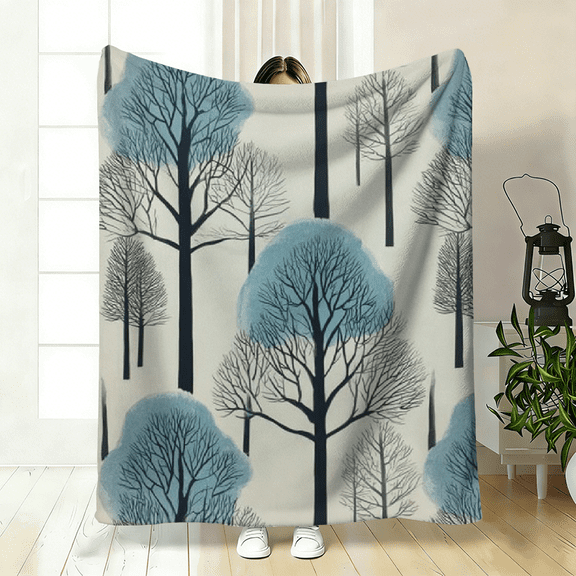 Blue Winter Tree Plush Flannel Blanket - Ultra-Soft All-Season Cozy Throw with Blue Abstract Tree Design,Contemporary Bedspread for Couch, Bed, Sofa.